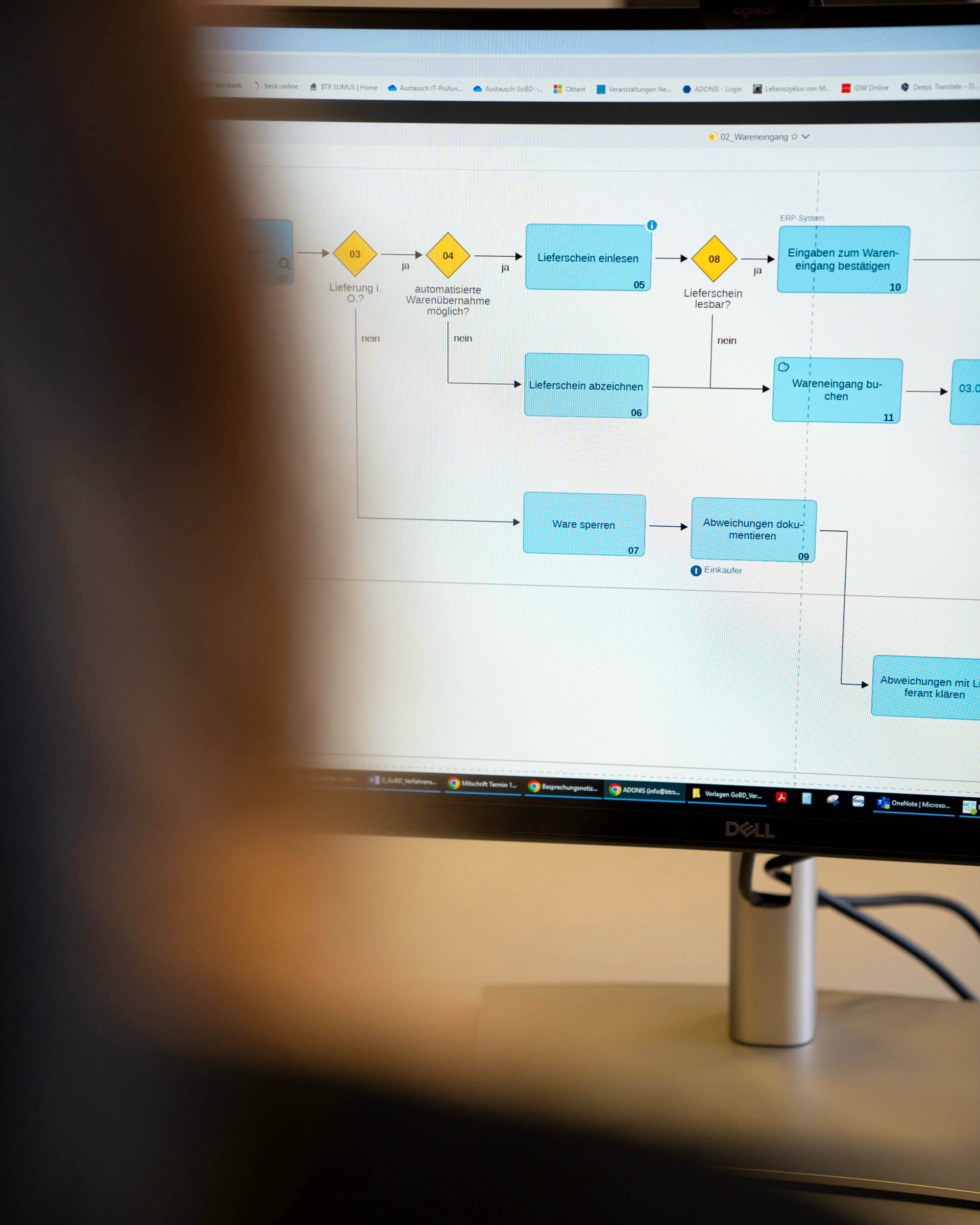 Blick über die Schulter auf einen Computerbildschirm, der ein deutsches Flussdiagramm für den 